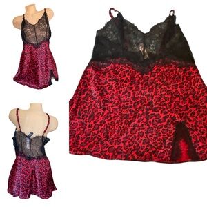 Victoria Secret Lingerie Chemise Slip Red Black Leopard Lace Luxe Collection X-L